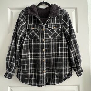 Women's Black Plaid Button Down Shirt with Hood